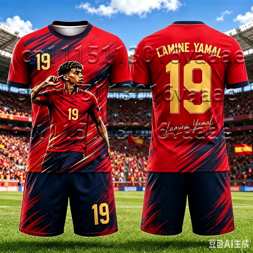 Kinder-Trainingsanzug Fußballtrikot Yamal Nr. 19 Bedrucktes T-Shirt+Shorts-Set Spanien Fan-Outfit Sportbekleidung Kinder/Erwachsene 2-teiliges Set – Detail 7
