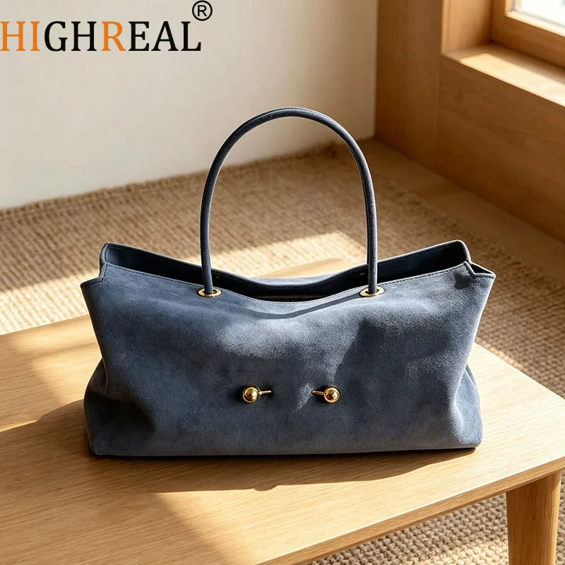 HIGHREAL Suede Leather Tote Bag Women's Commuter Bag Large Capacity Shoulder Bag Pure Color Soft Cotton Material Office Lady Bag