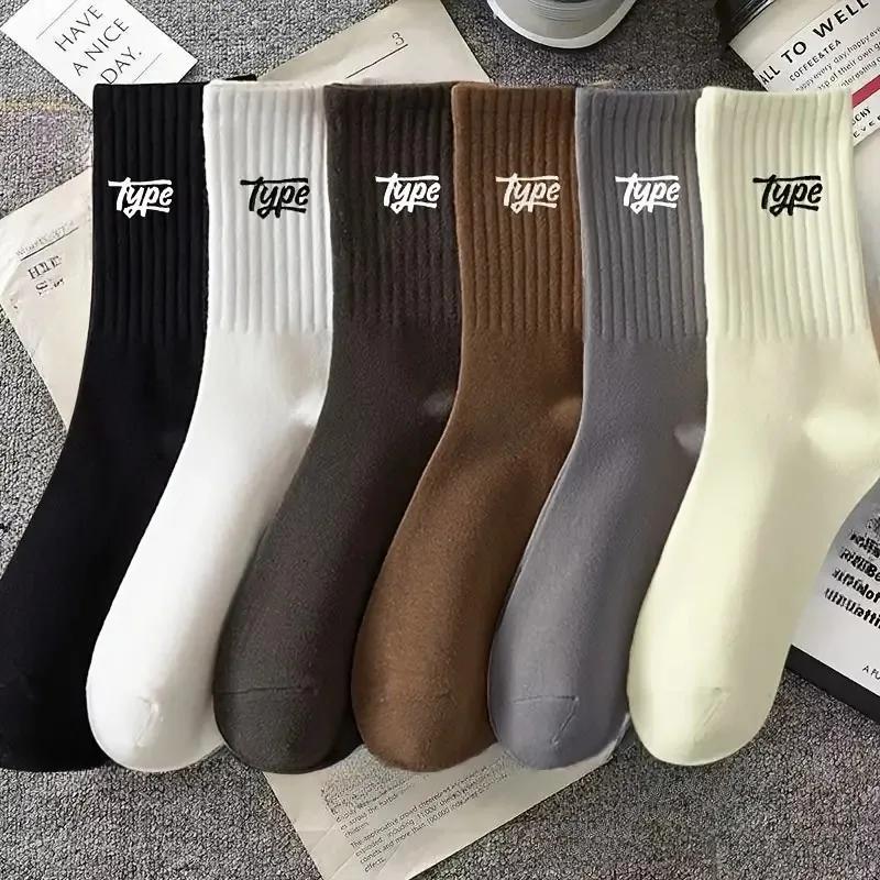 6/12 Pairs Men Anti Odor Sweat Absorbing Crew Socks Fashionable Letter Printing Soft Comfortable and Breathable Casual Socks﻿