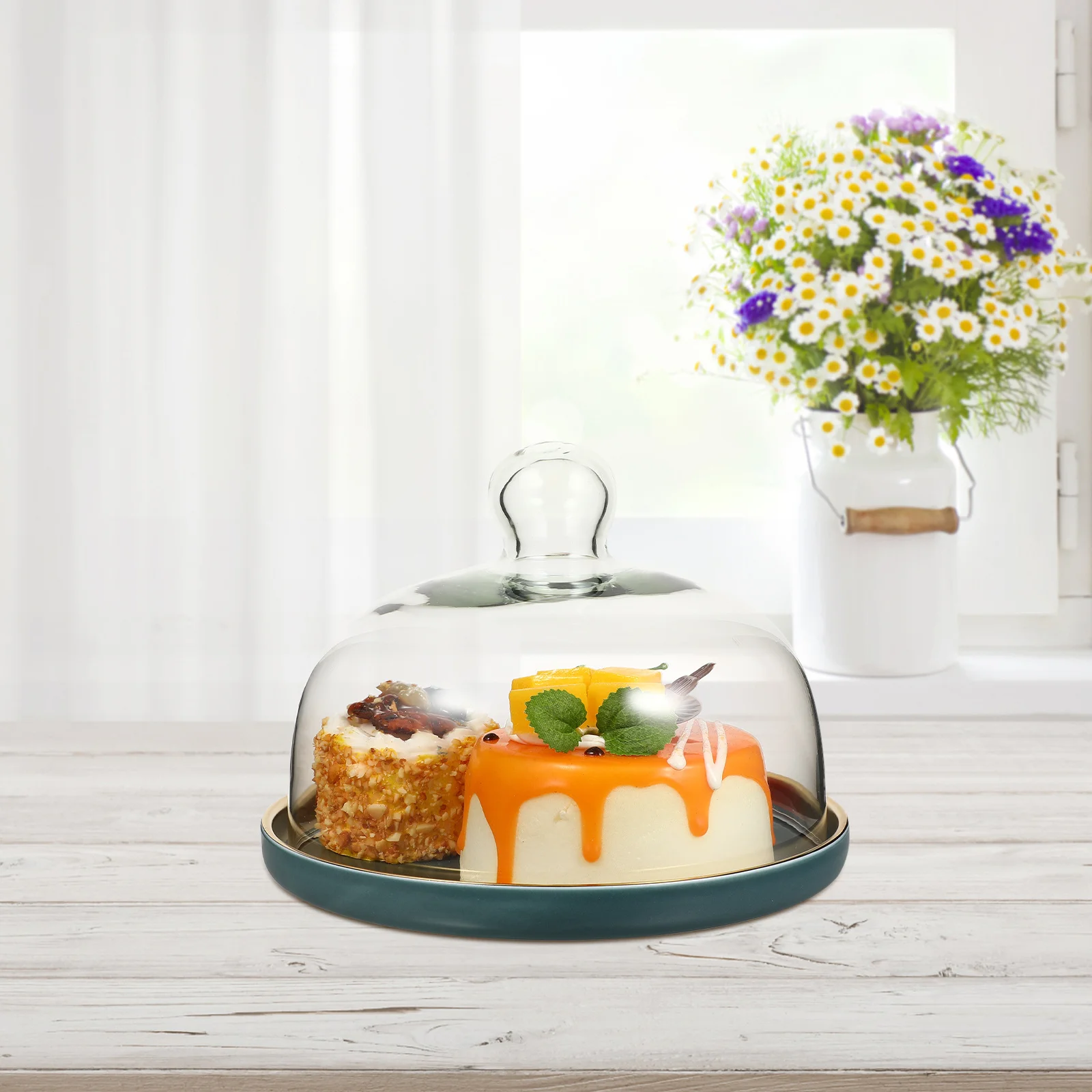 

1Set Cake Plate Cover Set Ceramic Dessert Tray Glass Cover Bread Tray Snack Container Storage Serving Plate Fruit Dish