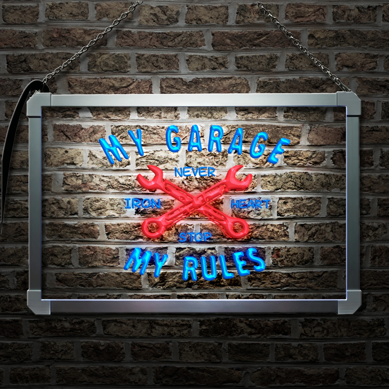 My Garage Rules Never Iron Heart Stop-LED Neon Sign with Independent Dual Color Control,Wall Decor Light for Party Wedding