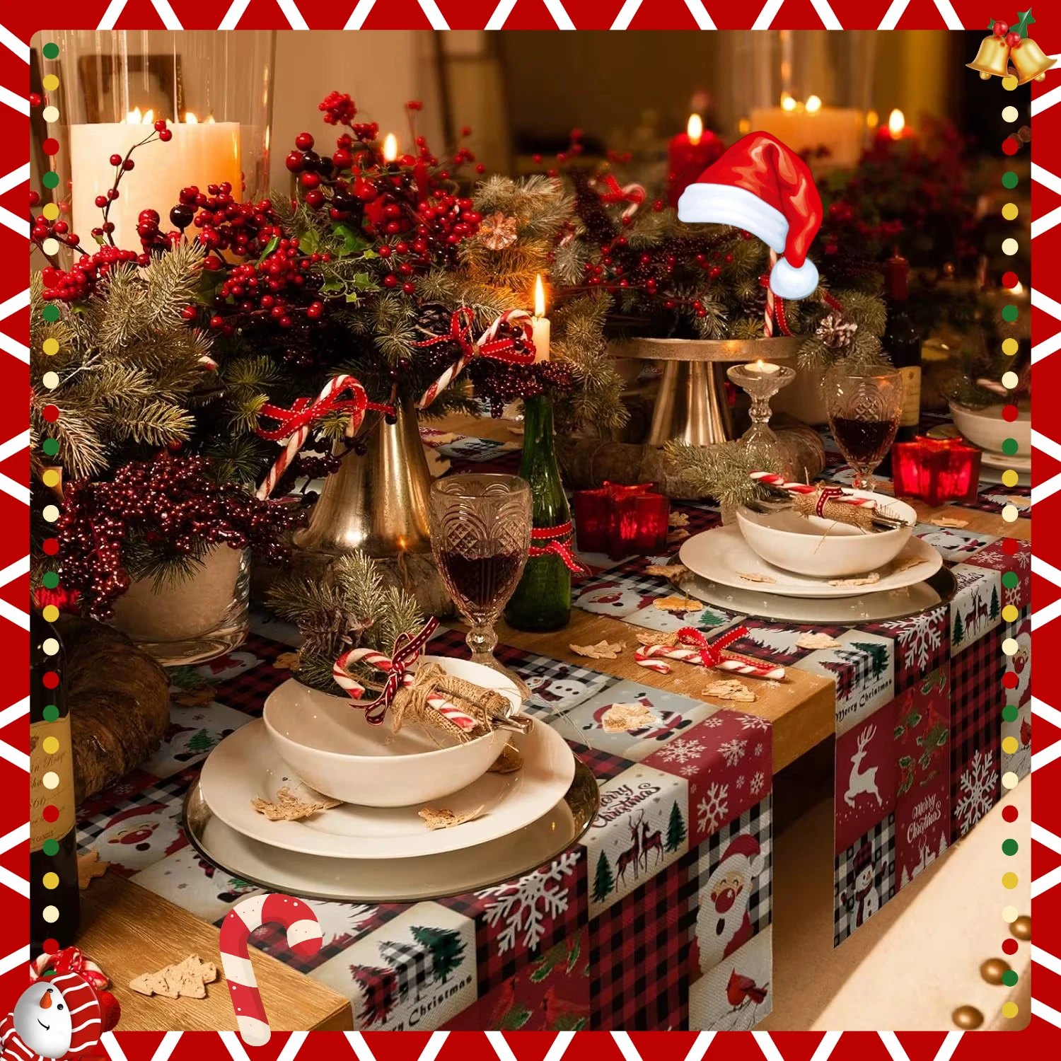 

Christmas festival element gift table decoration snowman Red checkered linen table runner Winter Christmas kitchen decoration