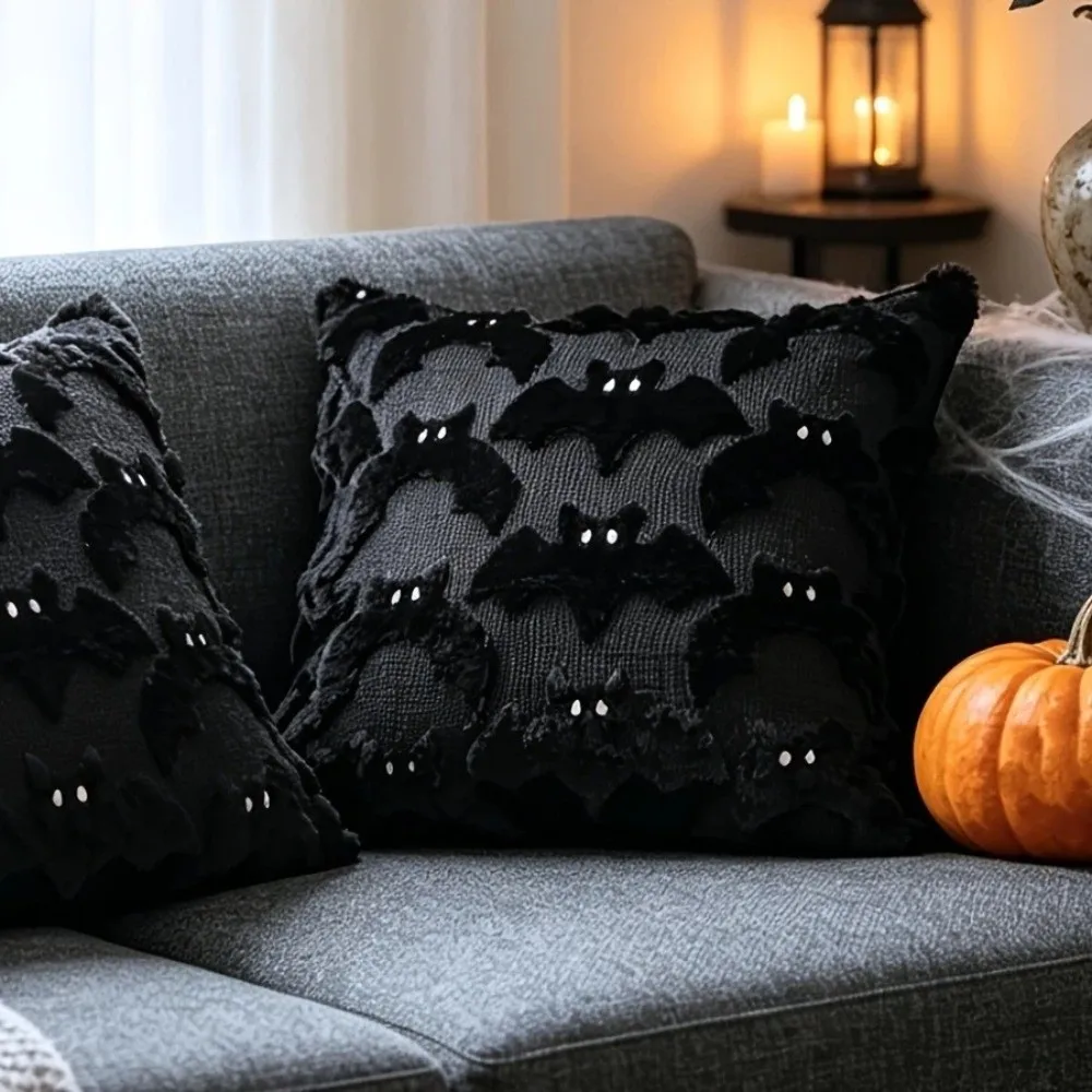 Soft Halloween Ghost Throw Pillow Covers Textured Skin-friendly Bat Pillow Covers Wear Resistant Thickened Cushion Covers