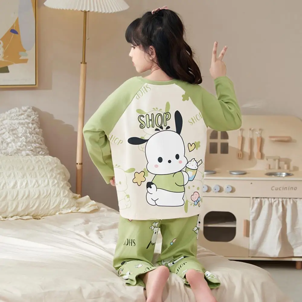 Anime Sanrios Pochacco Kuromi Melody Kids Pajamas Round Neck Long Sleeve Tops Kawaii Spring Cartoon Girl Cute Homewear Sleepwear