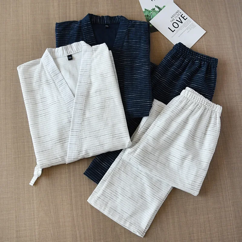 

Spring and Autumn Thin Men's Kimono Robes with Long Trousres Cotton Color Matching Pajamas Plus Size Home Pyjamas Set