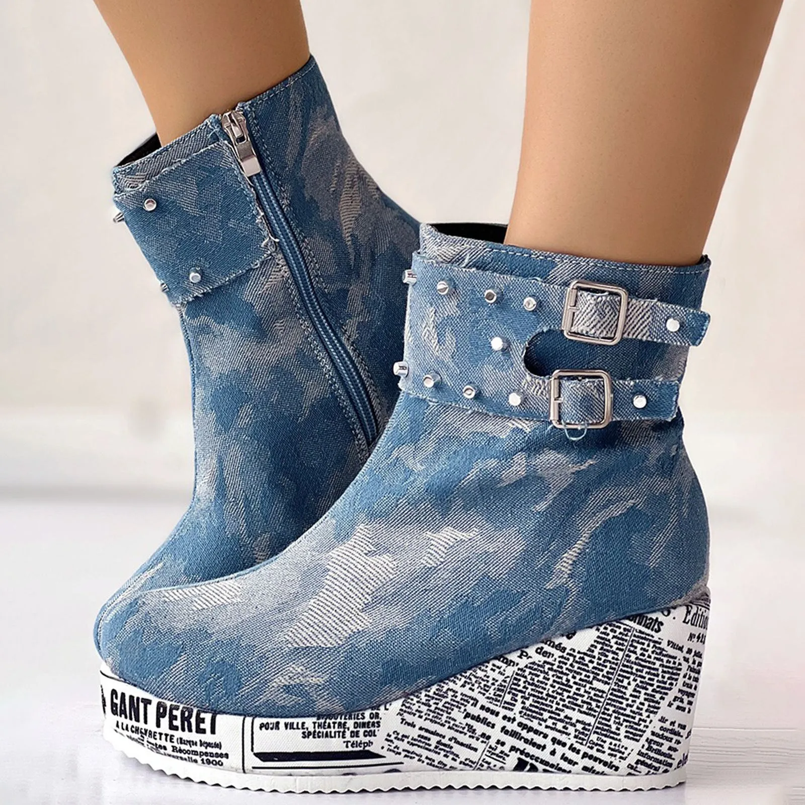 Y2K Women Boots Denim Fabric Fashion Printed Wedges High Heels Rhinestone Decro Ankle Boots Platform Vintage Ladies Winter Boots