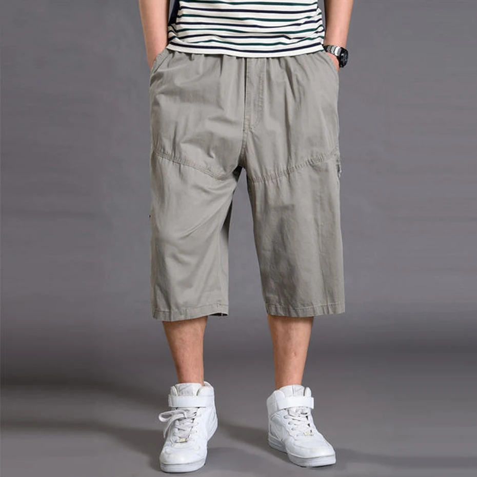 

Summer Calf-length Pants Men Solid Color Baggy Pants Fashion Casual Elastic Waist Short Pants Male