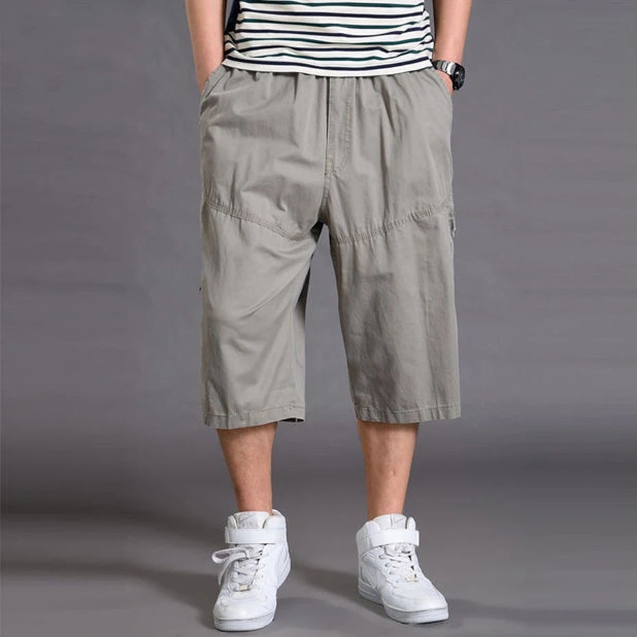 Summer Calf-length Pants Men Solid Color Baggy Pants Fashion Casual Elastic Waist Short Pants Male