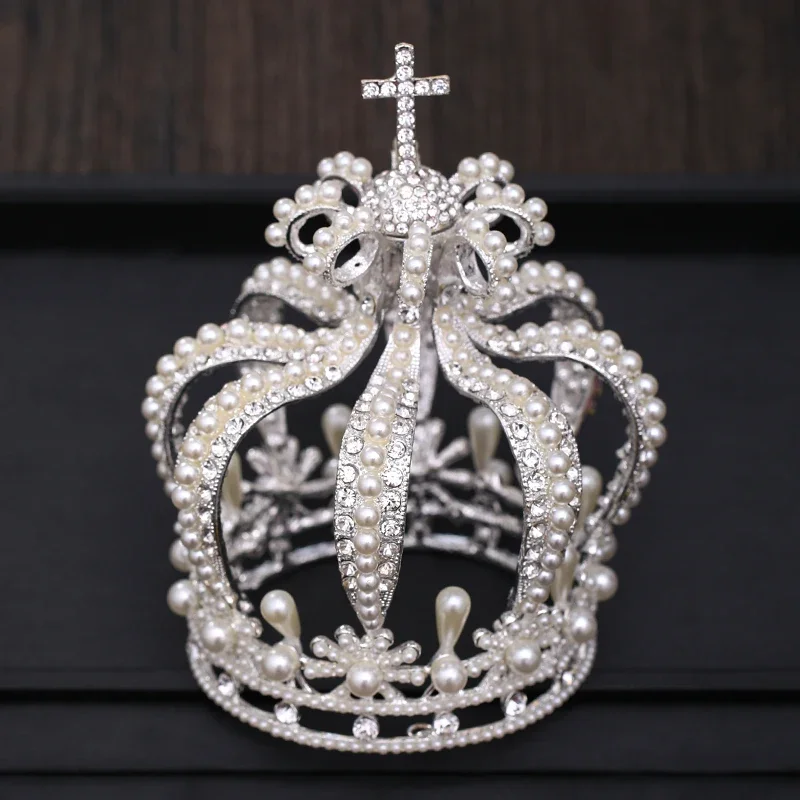 Baroque Crystal Pearl Crown And Tiara For Women Round Crown Tiara Hair Jewelry Wedding Hair Accessories Bridal Party Headdress image 2