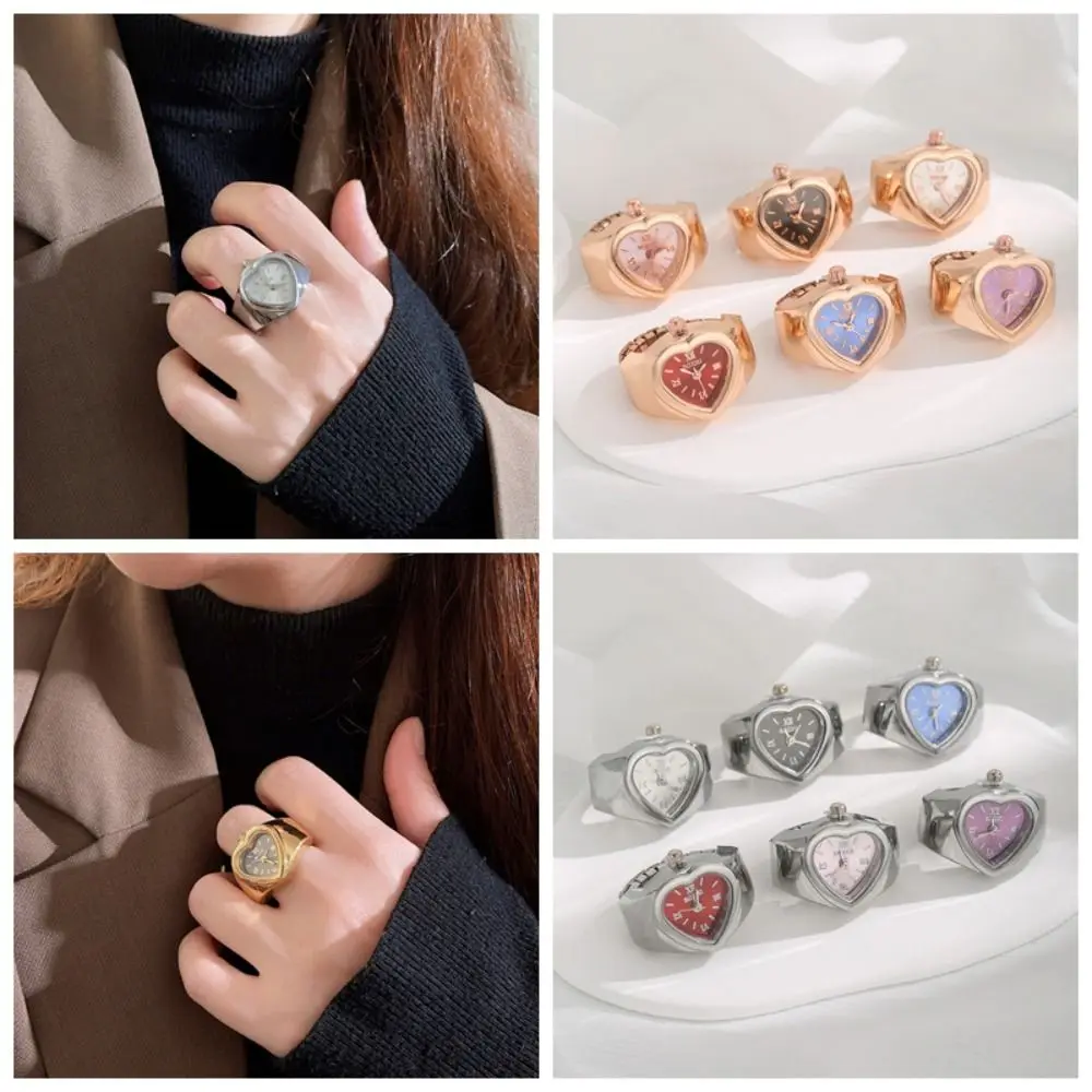 Creative Alloy Ring Watch Elastic Strap Stainless steel Heart Shape Rings Watch Quartz Movement Heart Shape Mini Clock Women