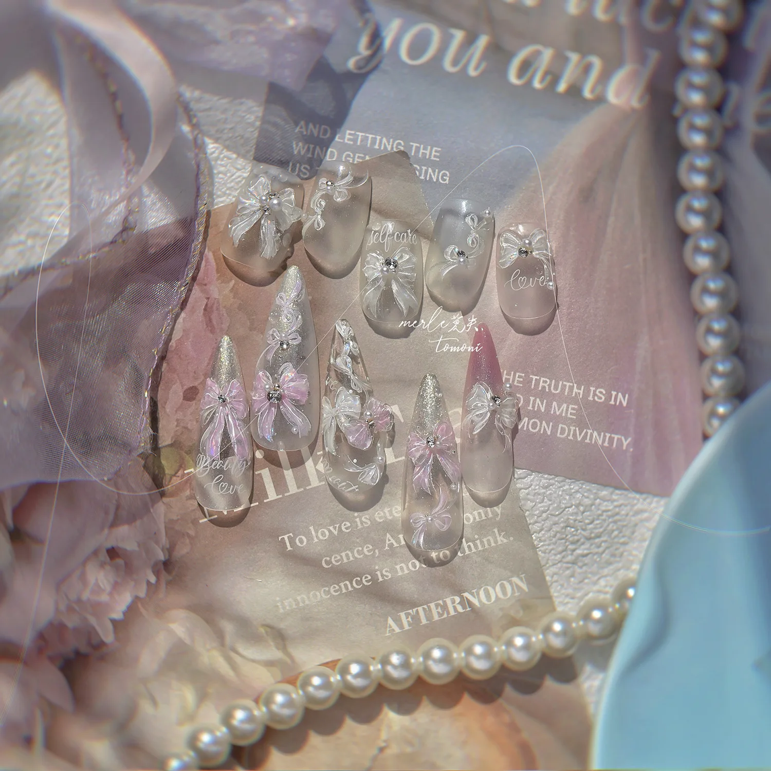 Pegatinas de decoración de uñas con lazo bonito rosa de ensueño de alto valor, regalos navideños perfectos para niñas