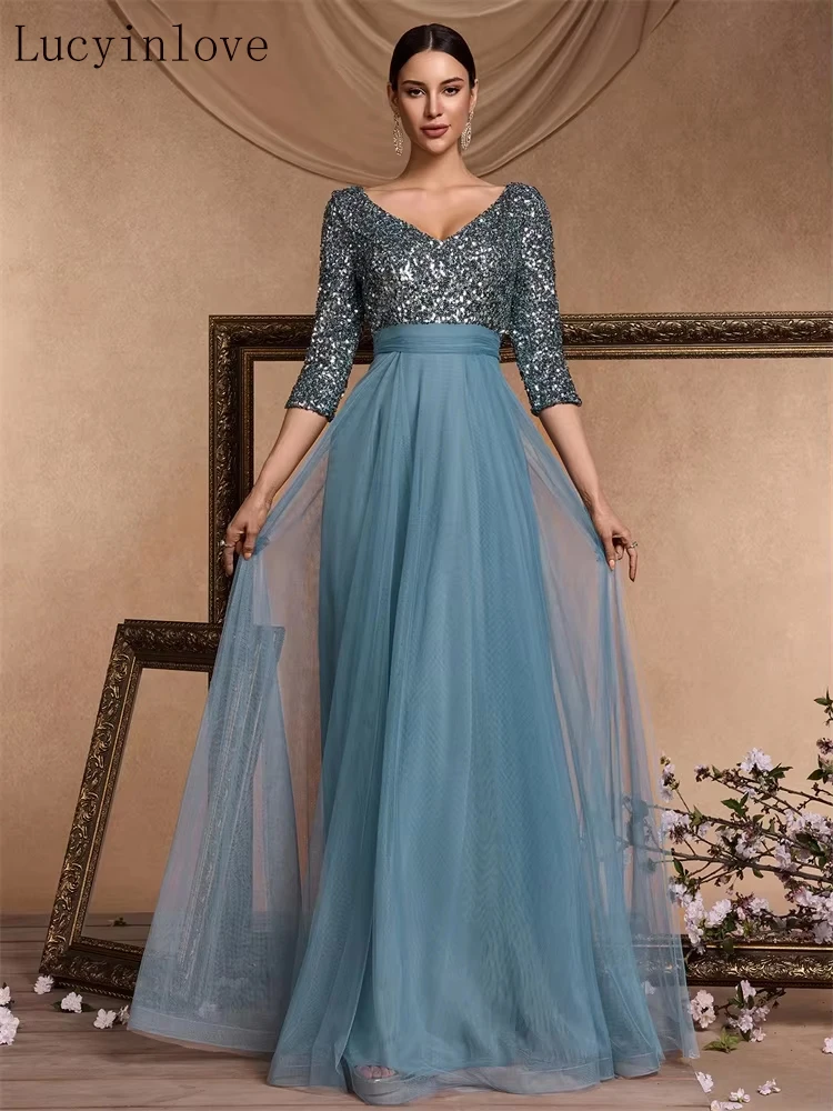 

Lucyinlove Luxury Floor Length V-Neck Tulle Splicing Evening Dress Women Elegant Party Maxi Sequins Short Sleeves Cocktail Gown