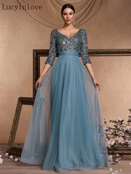 Lucyinlove Luxury Floor Length V-Neck Tulle Splicing Evening Dress Women Elegant Party Maxi Sequins Short Sleeves Cocktail Gown