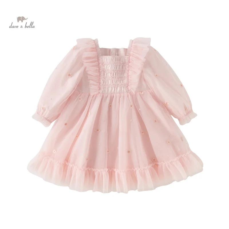 Dave Bella Princess Dress for Girls Children Baby 2024 New Spring Noble Charm Sweet Lovely Mesh Pink Fashion Party DB1247862