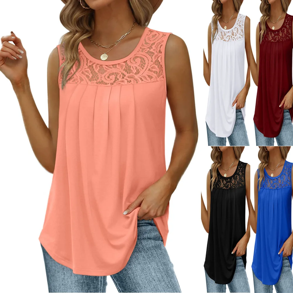

Women's Sleeveless Lace Patchwork Blouses 2026 Summer Solid Color Casual Loose Black White Shirts Sexy Vest For Beach Vacation