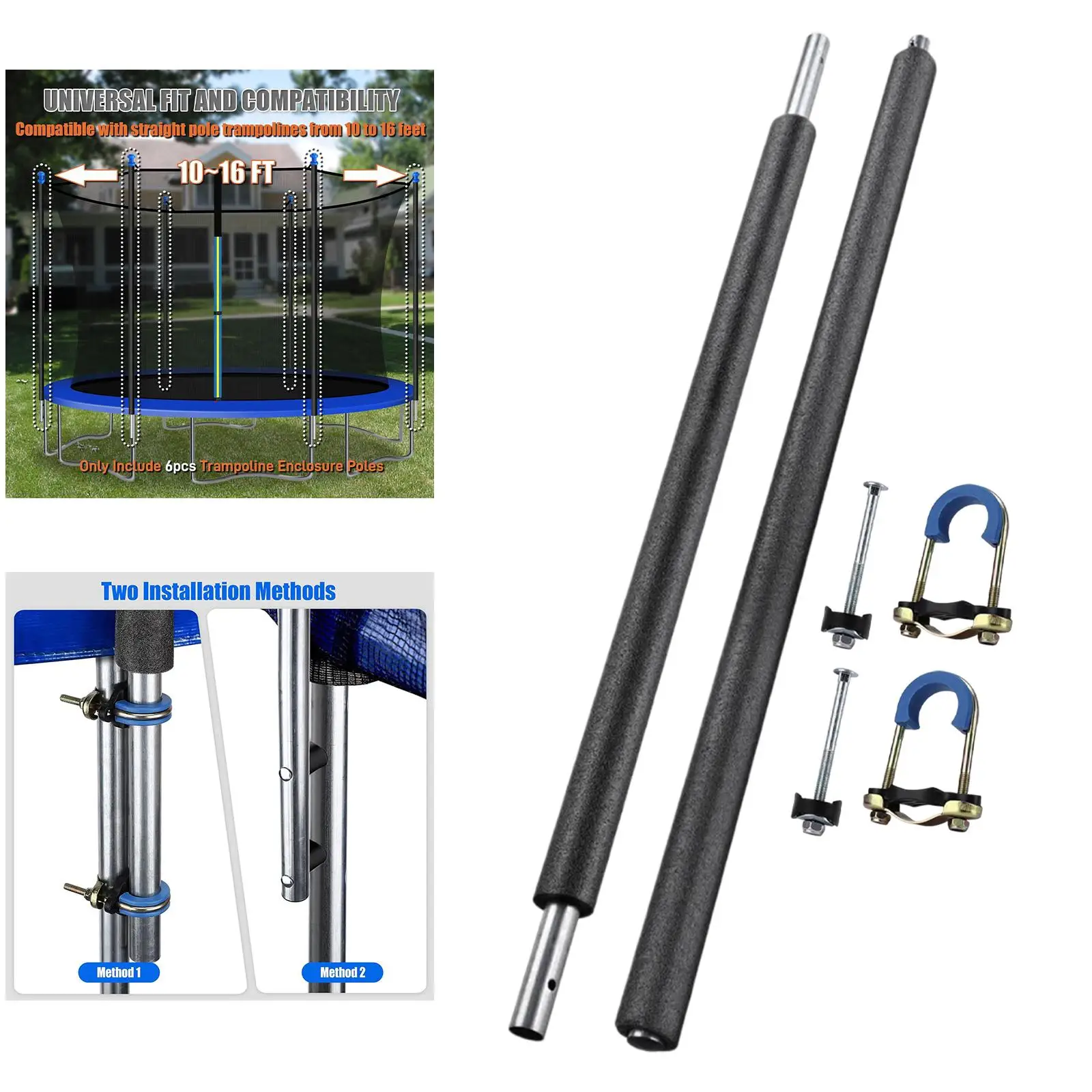 Safe Mount Replacement Trampoline Enclosure Poles with Impact Resistant Foam Cover for 8 16ft Outdoor Trampoline