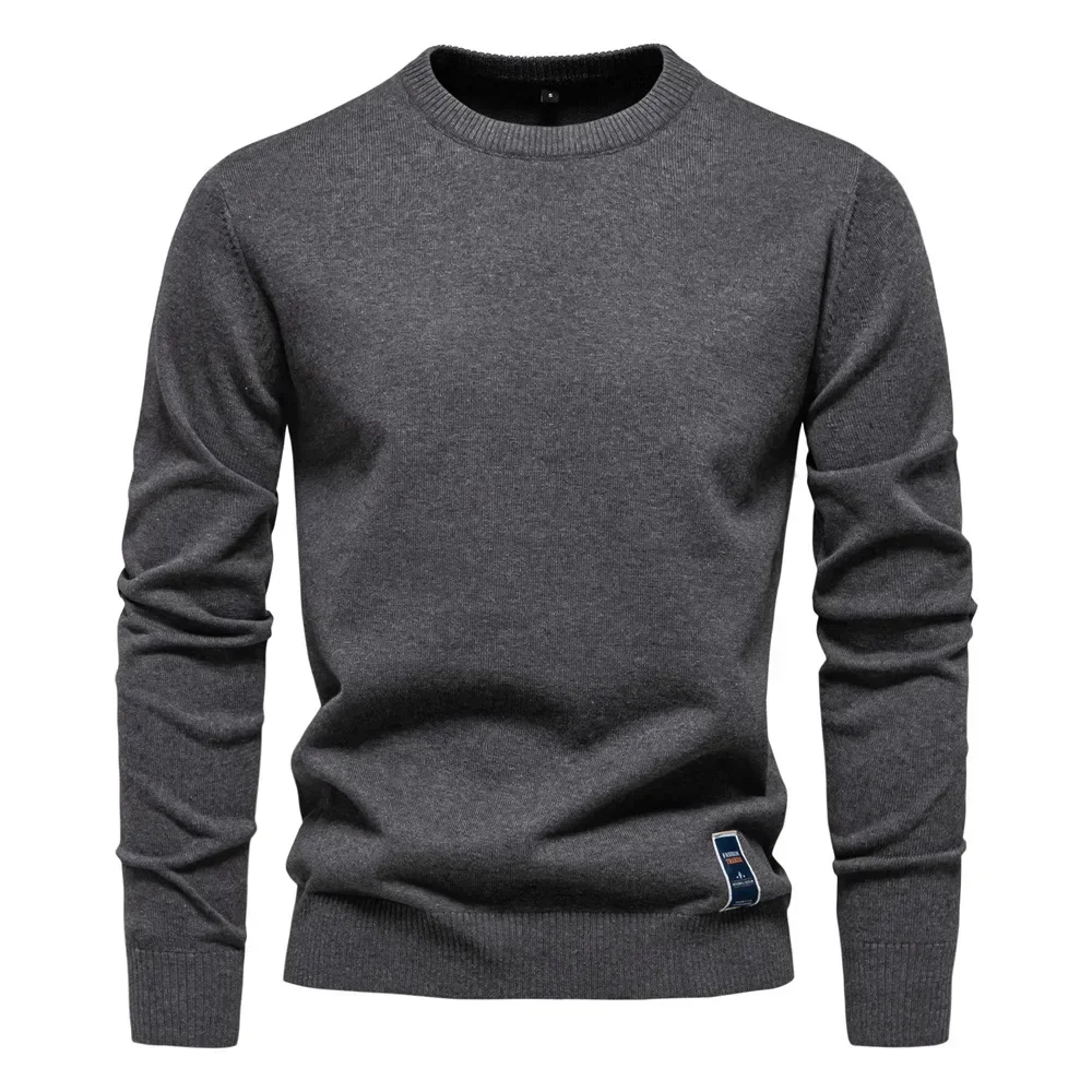 New Mens Sweater High-quality Cotton Solid Round Neck High Elasticity Warm Knit Pullover Street Fashion Casual Men Sweatshirt