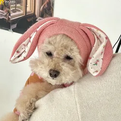 Dog Hat Autumn Winter Windproof Warmth Cover Cute Rabbit Ears Knitted Pet Cap Pink Ins Dogs Headwear New  Kitten Puppy Earmuffs