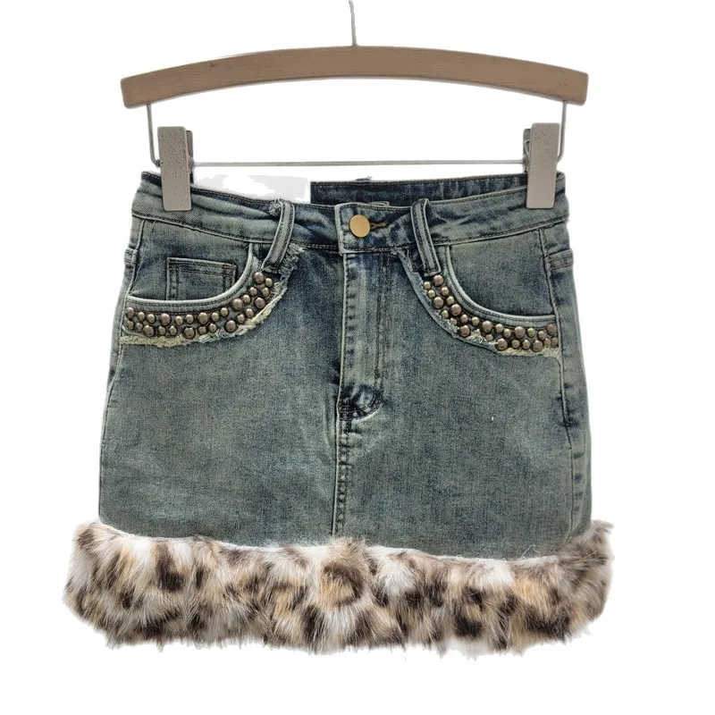 Leopard Print Furry Patchwork Stretch Denim Bodycon Skirt, 2025 Autumn Winter New Style, Sexy Rivet Hot Girl Short Skirt Women