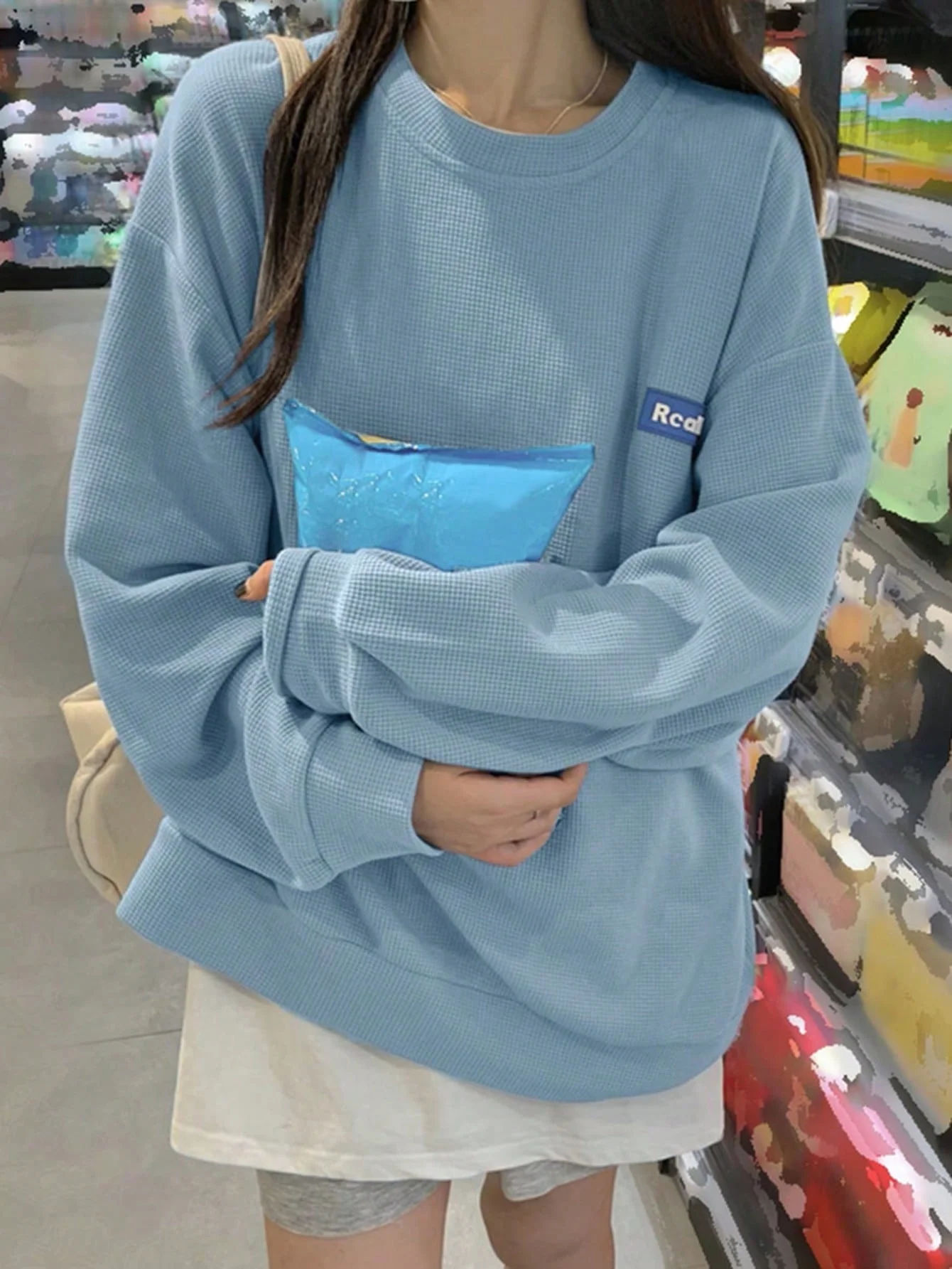 Korean Chic Early Autumn Milk Fufu Waffle Round Neck Long-Sleeved Sweatshirt Small Loose Flesh-Covering Blue Top for Women