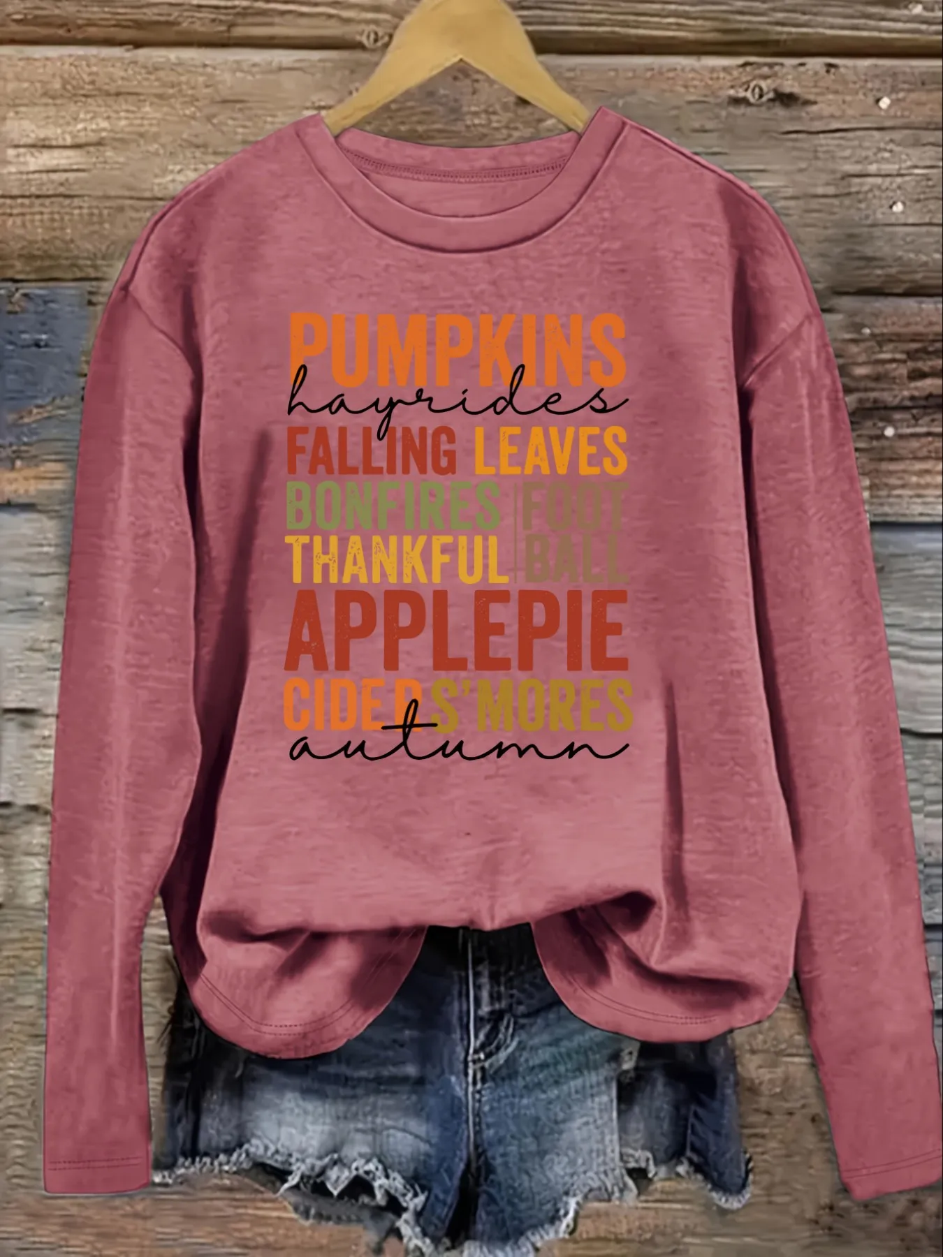 Women's Casual Long Sleeve Crew Neck T-Shirt Pumpkins Hayrides Falling Leaves Bonfires Design, Round Neck Women's Clothing, Machine Washable, Slightly Elastic, Loose Fit, Spring Autumn Winter Women's T-Shirt, Halloween Costume Outfit view 3