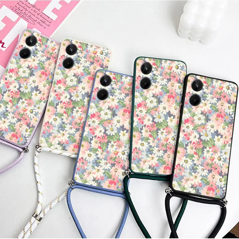 1 0 Fresh Flowers Lanyard Silicone Phone Case For Realme 10 10T 10Pro 10ProPlus 8Pro 9Pro 12 12Pro C25 C65 C35 C53 C67 Cover