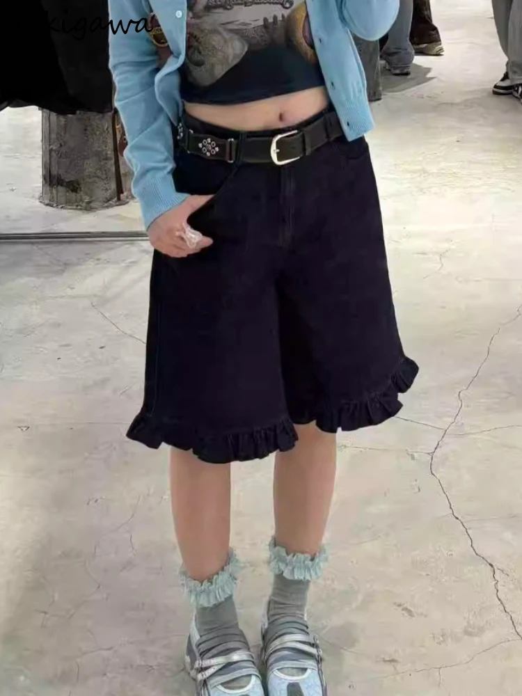 

2025 New Bottoms Chic Denim Women Shorts Pantalones Cortos De Mujer Vintage Casual Y2k Pants Sweet Ruffles Straight Shorts Mujer