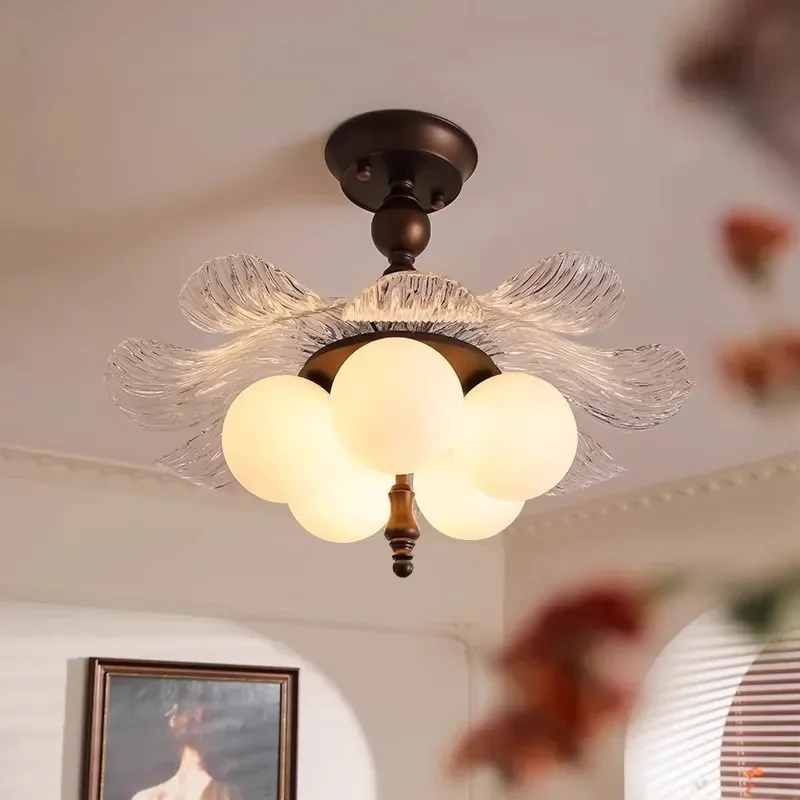 for Medieval Petal Chandelier Walnut Simple 3-Head Long Dining Table Light French Retro Lotus Rhyme Aisle Lamp for Bar
