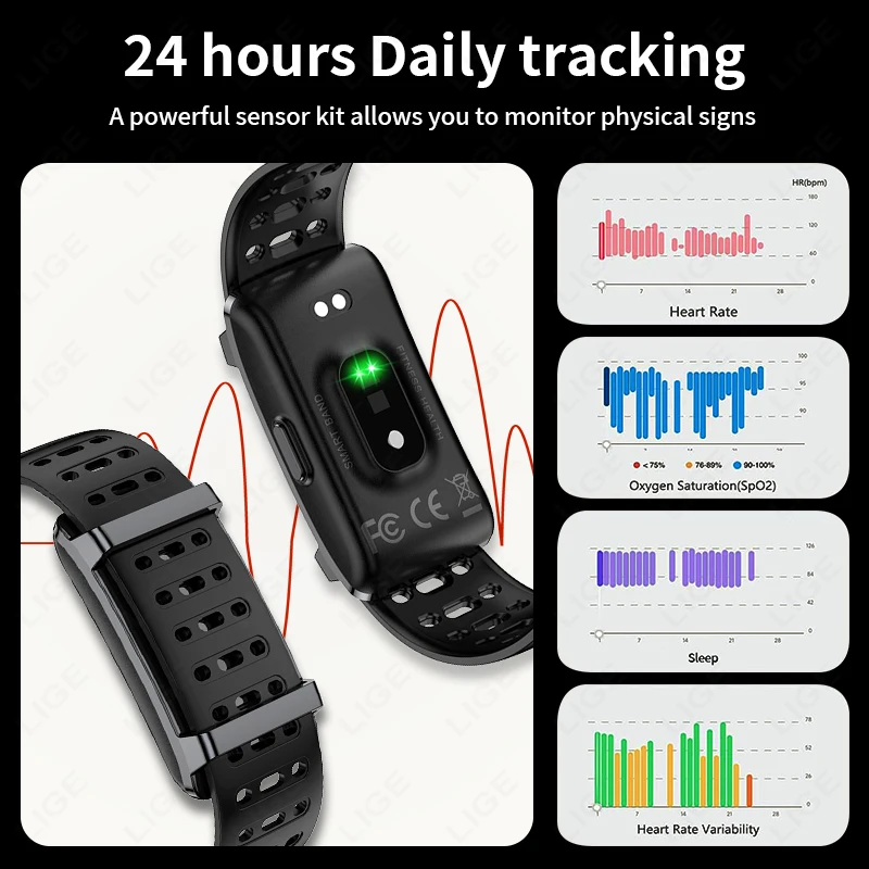 LIGE New Smart Wristband Message Reminder Smart Bracelet Heart Rate HRV Temperature Monitoring Smart Watch Waterproof Sport Band
