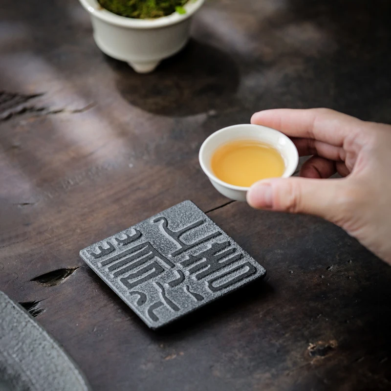 Tea Coaster Black Basalt Chinese Philosophy Engraved Artistic Oriental Tea Art Handcrafted Tea Ceremony Decor Tea Lovers Gift