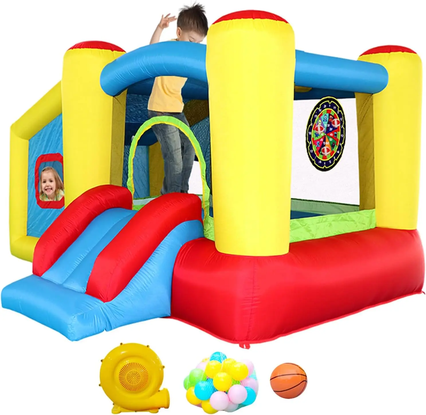 

Inflatable Bounce House with Blower, Jumping Castle Slide, Kids Bouncer with Ball Pit, Basketball Rim, Dart Target Game