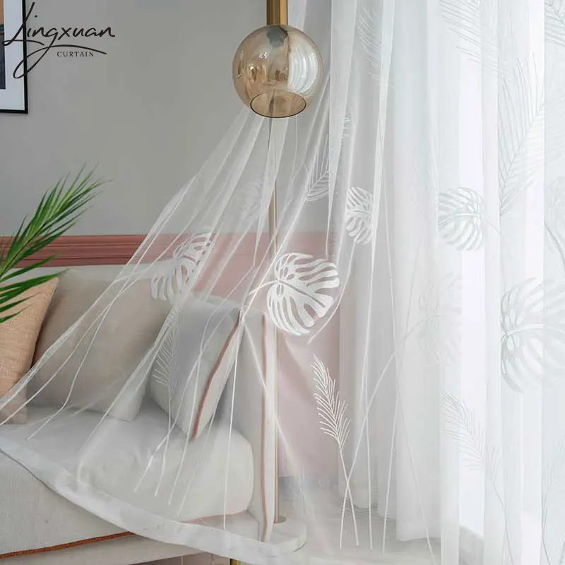 Embroidered Palm Leaves Tulle Window Curtain For Living Room Bedroom Plant Voile Sheer Curtains Kitchen Treatments Panel Drapes