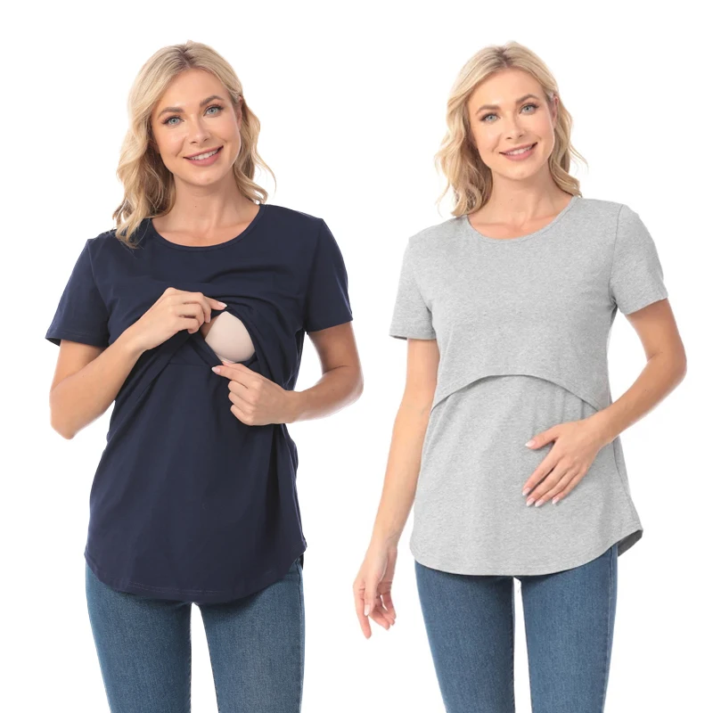 New Fashion Maternity Casual Wear Maternity Short Sleeve Solid Color Breastfeeding Top T-Shirt Pregnancy Womens Clothing Mom Tee