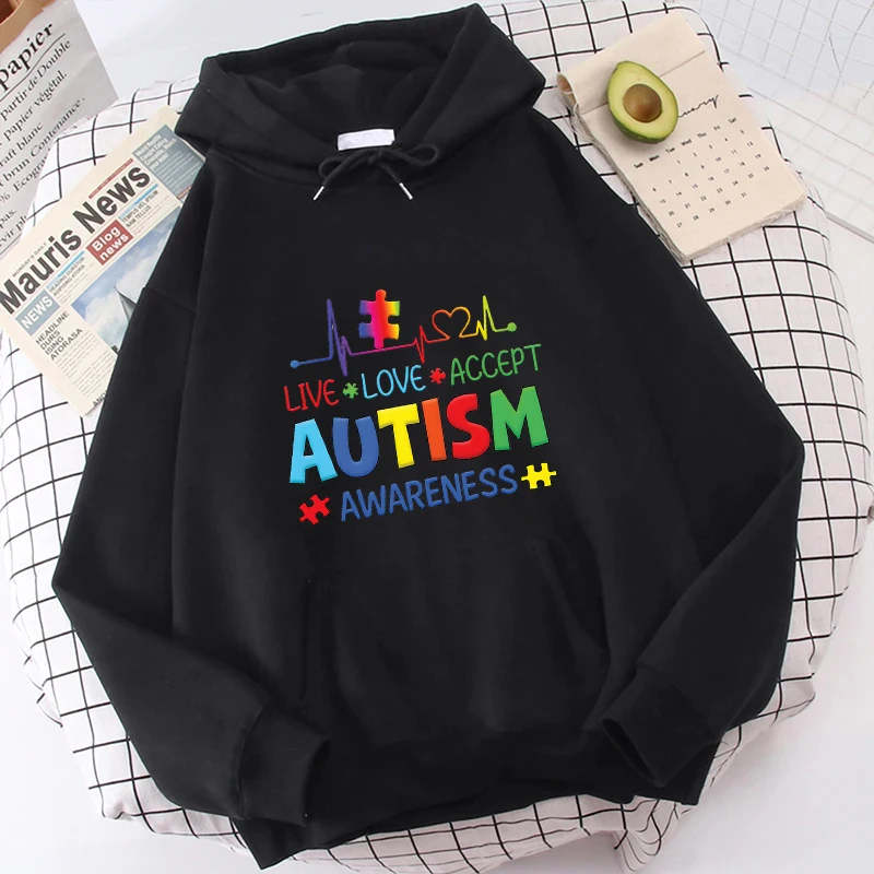 Woman Hoodies Live Love Accept Autism Awareness Y2k Clothes Awareness Month Hoody Long Sleeve Sweatshirts Outerwears Hooded