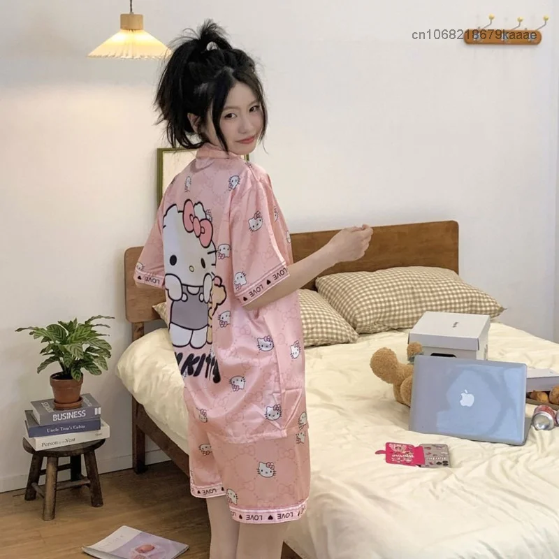 Sanrio Hello Kitty Summer Silky Pajamas Women Loose Top Shirt Shorts Home Clothes 2 Piece Matching Set Y2k Cute Sleepwear Suit