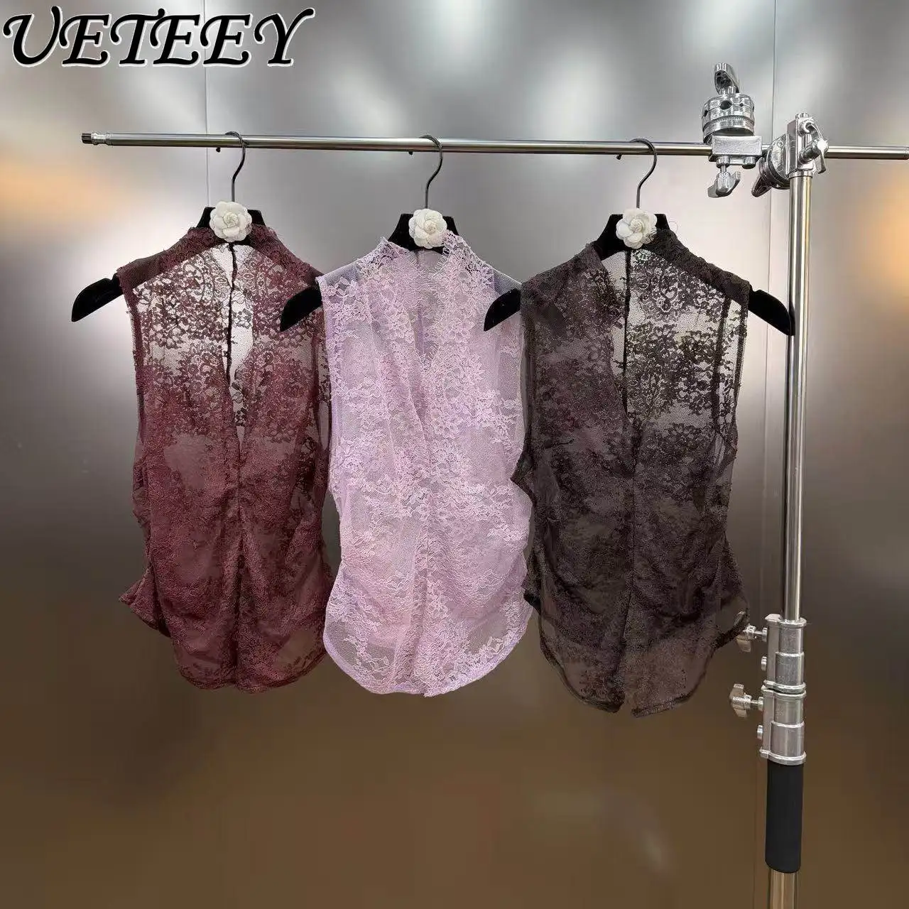 

2026 Spring Stand Collar Lace Patchwork Waist-Cinching Sleeveless Tank Top Fashionable Versatile Stylish Outerwear Sheer Vest