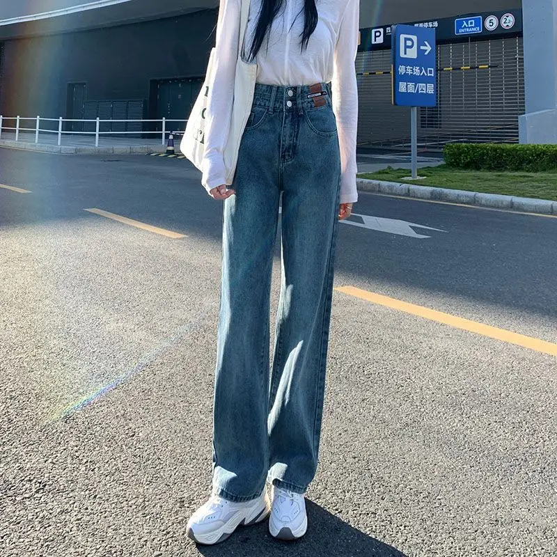

2024 New Slimming Straight Loose Retro Blue Wide-Leg Jeans For Women High Waist Draped Two-Button Versatile