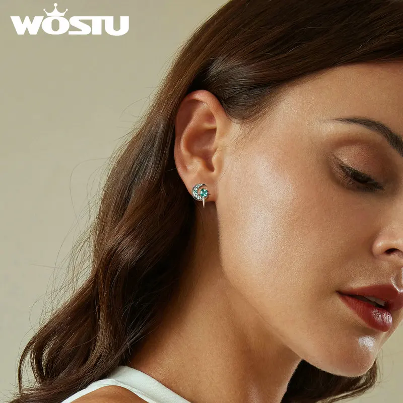 WOSTU 925 Sterling Silver Star Moon Stud Green Zircon Earrings For Women  Exquisite Shiny CZ Party Ear Studs Girl Birthday Gift image 5