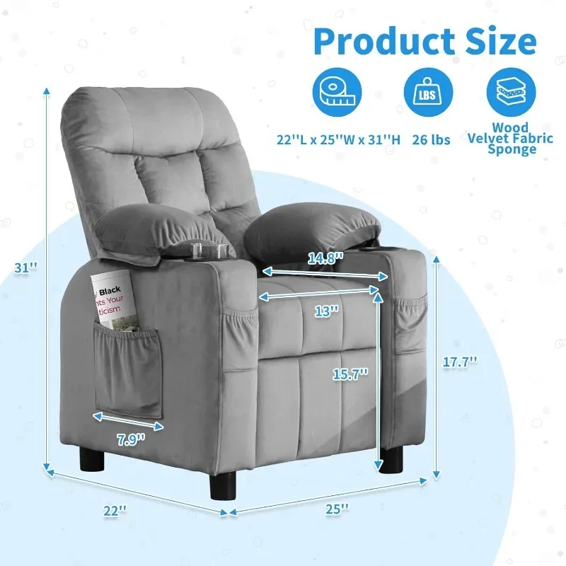 Cadeira reclinável para crianças, ergonômica, ajustável, apoio para os pés e bolsos laterais, sofá de bebê para meninos e meninas, quarto (cinza)