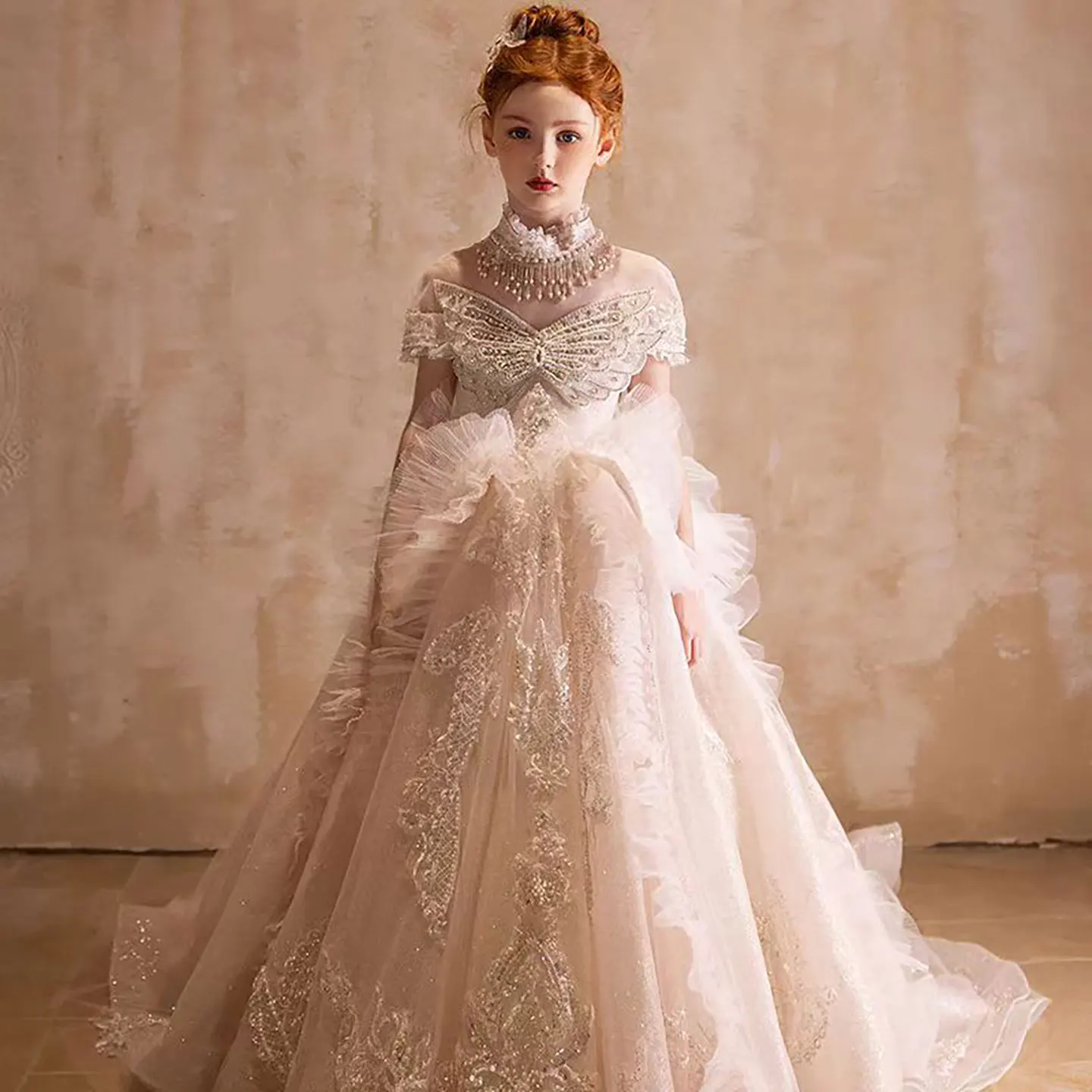 Jill Wish J031 Luxury Girl Dress Crystal Beaded Long Train Princess Children's Formal Gown for Wedding Birthday Party Pageant