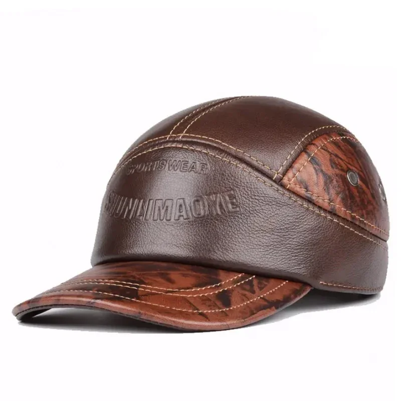 Men Genuine Leather Baseball Caps Male Casual Cowhide Belt Ear Warm 56-60 Adjustable Splice Flight Hats Patchwork Printing