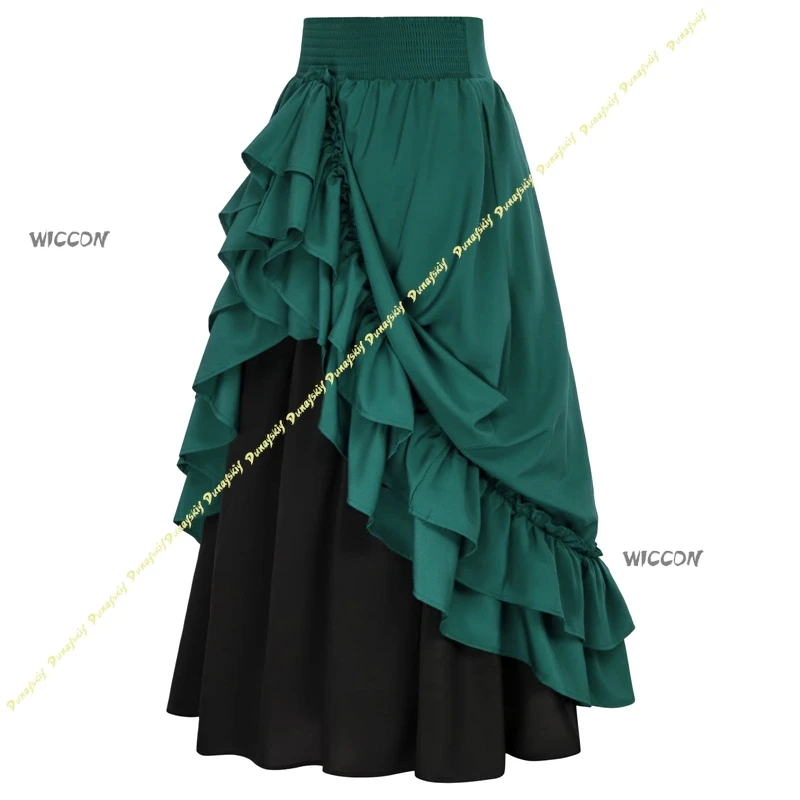 Damen Retro Palast-Stil Midirock mit Spitze, Rüschen, Holzohren-Design, Kordelzug, Farbblock und weitem Saum – Halloween Party Outfit