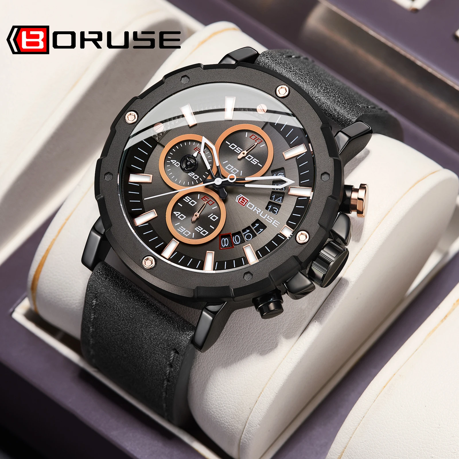 BORUSE Brand Luxury Men Quartz Wristwatches Calendar Male Casual Leather Strap Date Luminous Men\'s Quartz Watches With Boxes