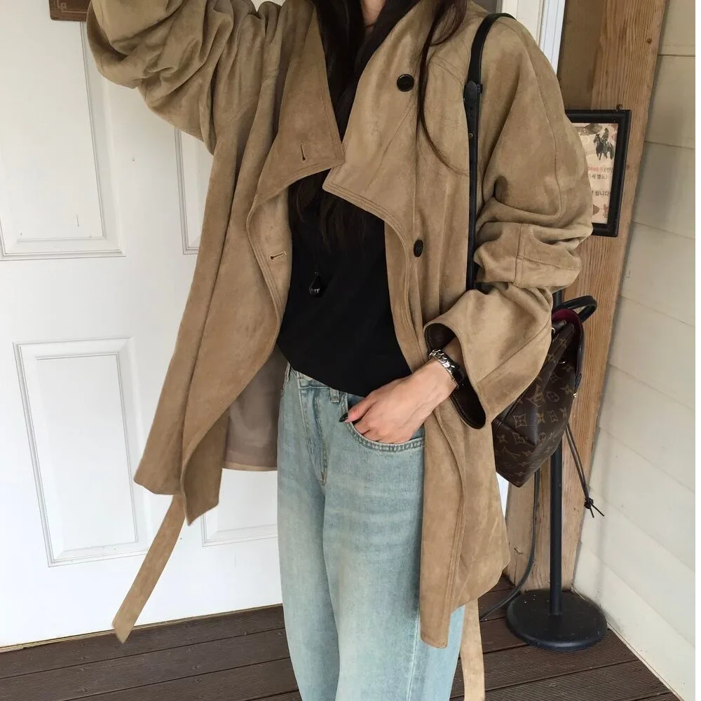 Women's Casual Long Coat Vintage Loose Fit Stand Collar Mid-Length Deer Suede Velvet Windbreaker Versatile Autumn Winter Oute...