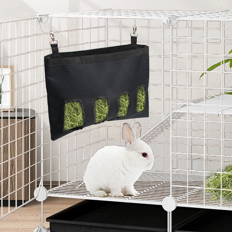 Rabbit Hay Bag Hanging Pouch Feeder Holder Black Durable Feeding Dispenser Container for Rabbit Guinea Pig Small Animals