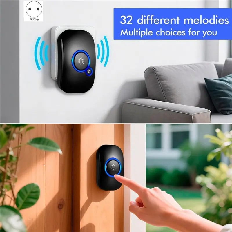 【أدوات منزلية】جرس باب وامض LED، مقاوم للماء IP55، 60 نغمة، 5 مستويات حجم للاستخدام المنزلي، قابس الاتحاد الأوروبي