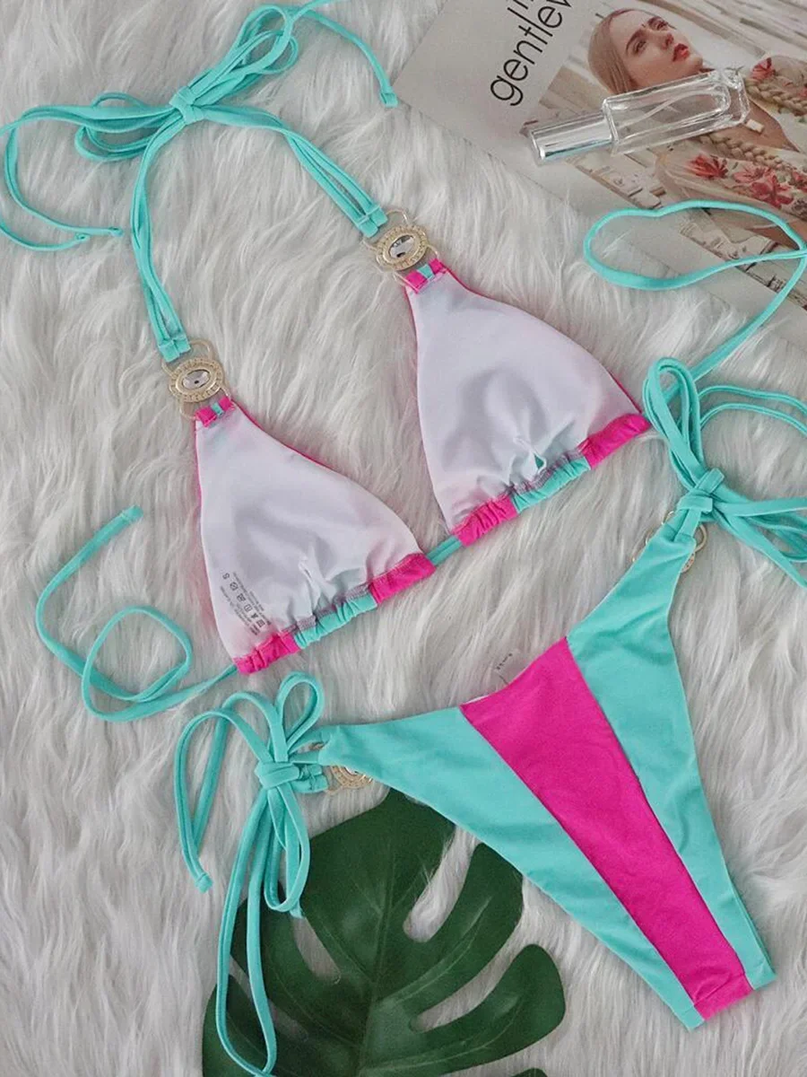 الربط الرسن مرصع بالجواهر الماس بيكيني 2025 النساء ملابس السباحة الإناث قطعتين مجموعة البكيني ثوب السباحة ملابس الشاطئ