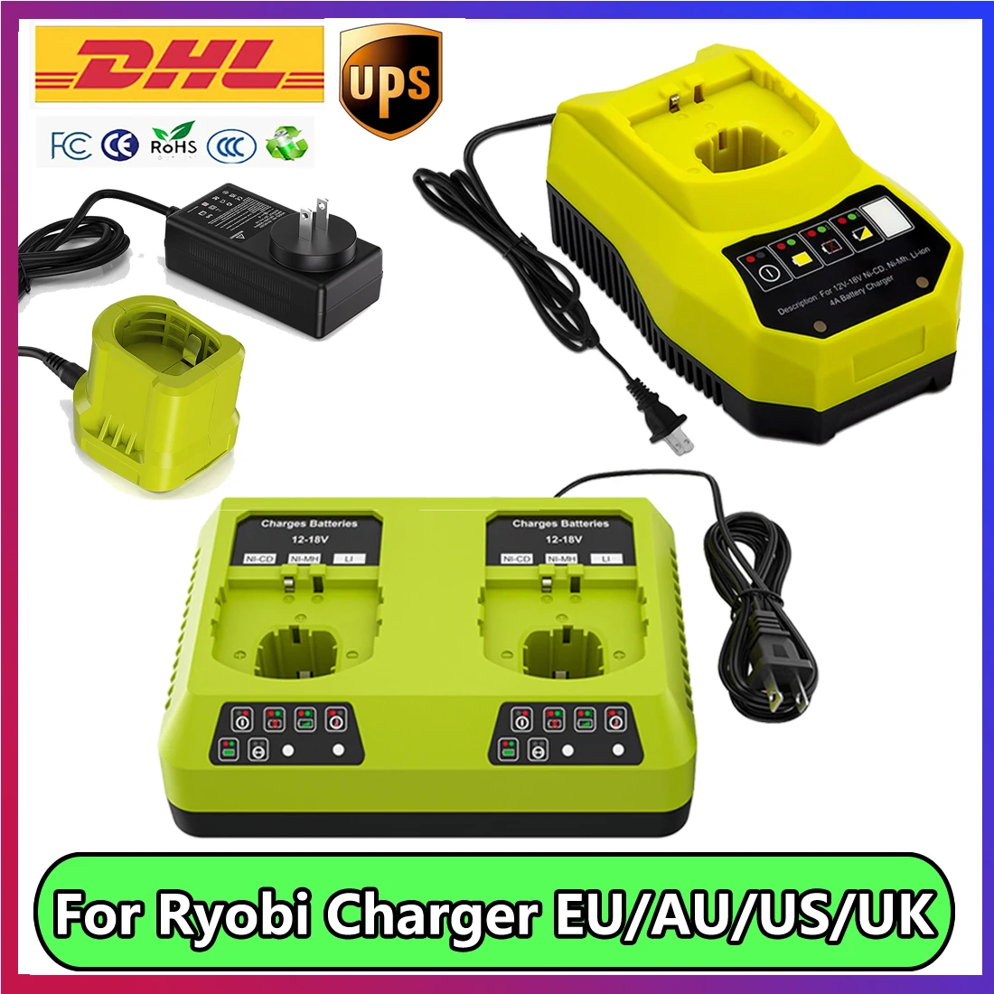 P117 P118 3A Battery Charger For Ryobi 12V-18V Ni-Cd Ni-Mh Lithium Battery P108 P102, P107, P103, P104, P105, P106