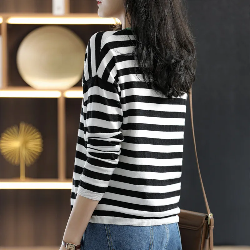 Classic Striped Spring Round Neck Pure Cotton Thin Long-Sleeved Women\'s Loose T-Shirt Contrast Color Knit Sweater Base SMY C16