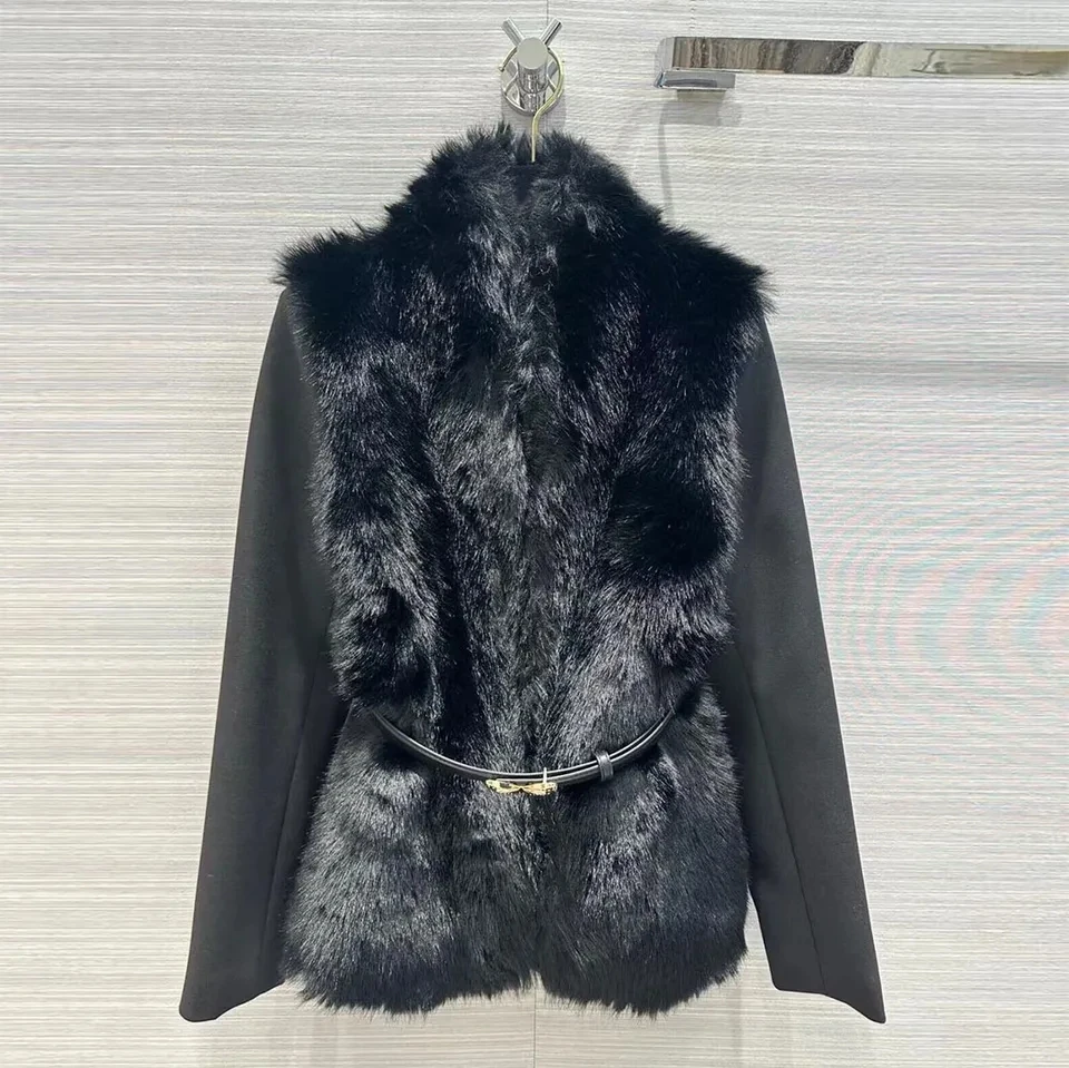 New Spring Fashion Elegant Lady Faux Fur Patchwork Long Sleeve Jacket Women Slim Butterfly Belt Streetwear Coat